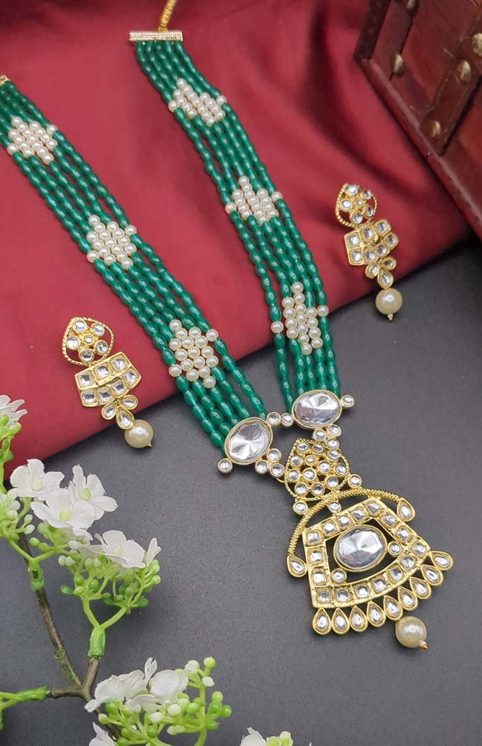 Kundan Kette lang mit Ohrringe - grün| Perlen - Lange