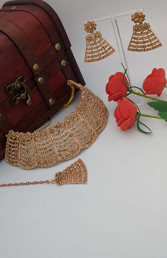 Polki Gold Choker Necklace Red| with Earrings & Tikka