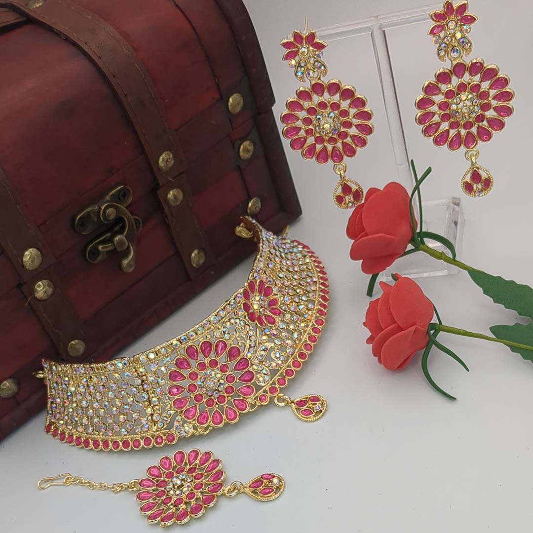 Polki Choker Necklace Pink with Earrings & Tikka