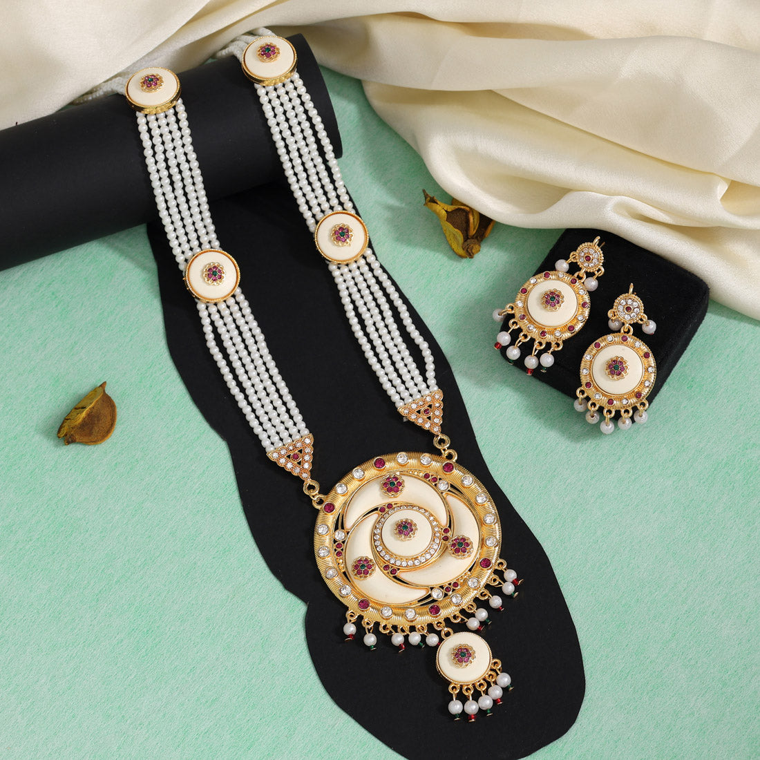 Kundan Kette lang mit Ohrringe - Weiß| Perlen - Lange