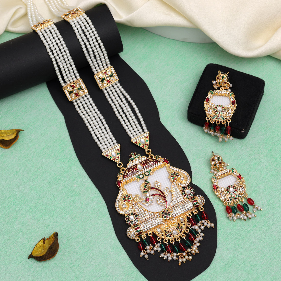 Kundan Kette lang mit Ohrringe - Weiß| Perlen - Lange