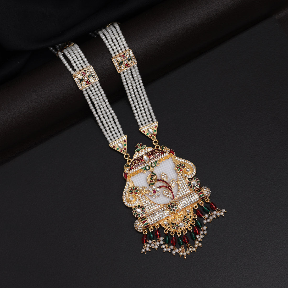 Kundan Kette lang mit Ohrringe - Weiß| Perlen - Lange