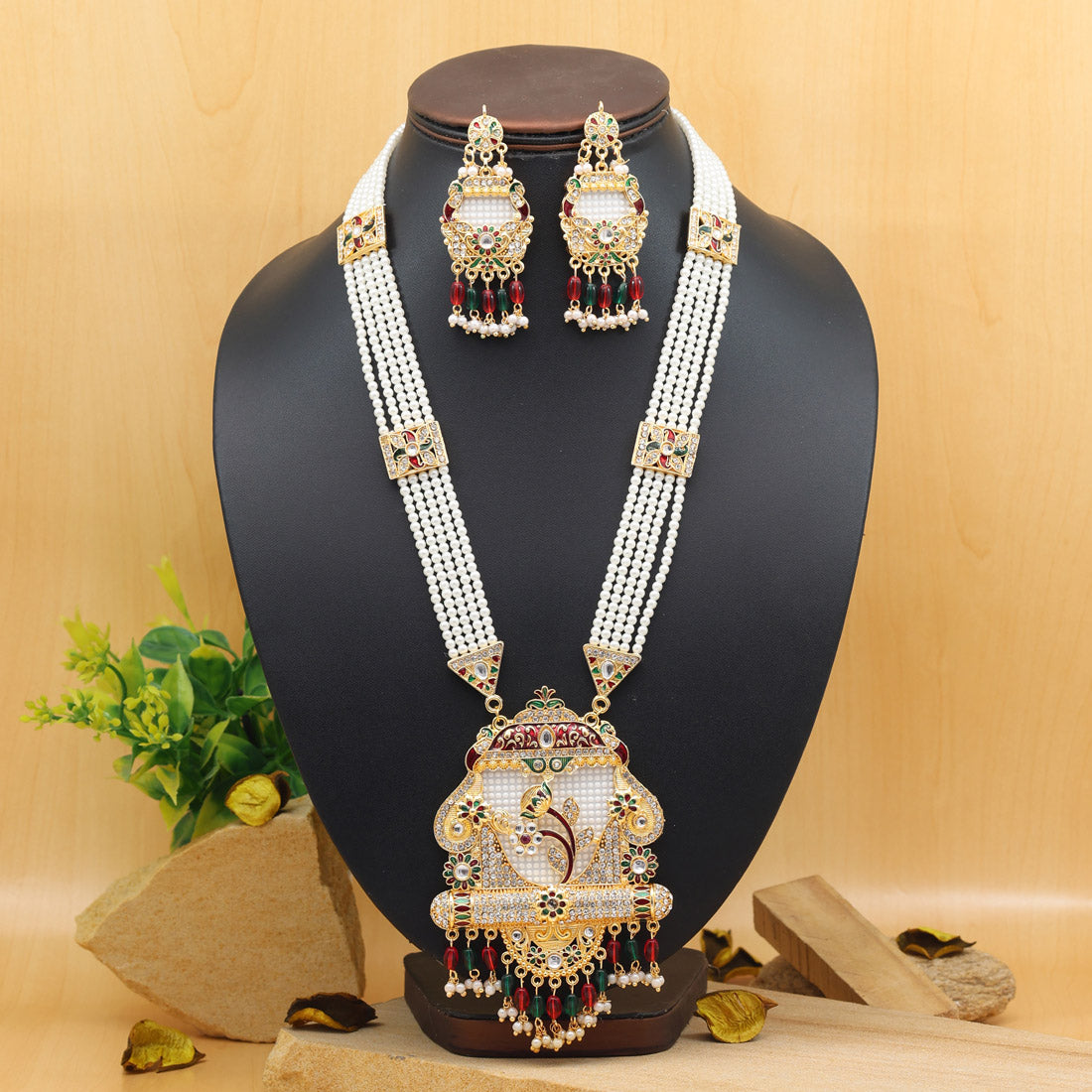 Kundan Kette lang mit Ohrringe - Weiß| Perlen - Lange