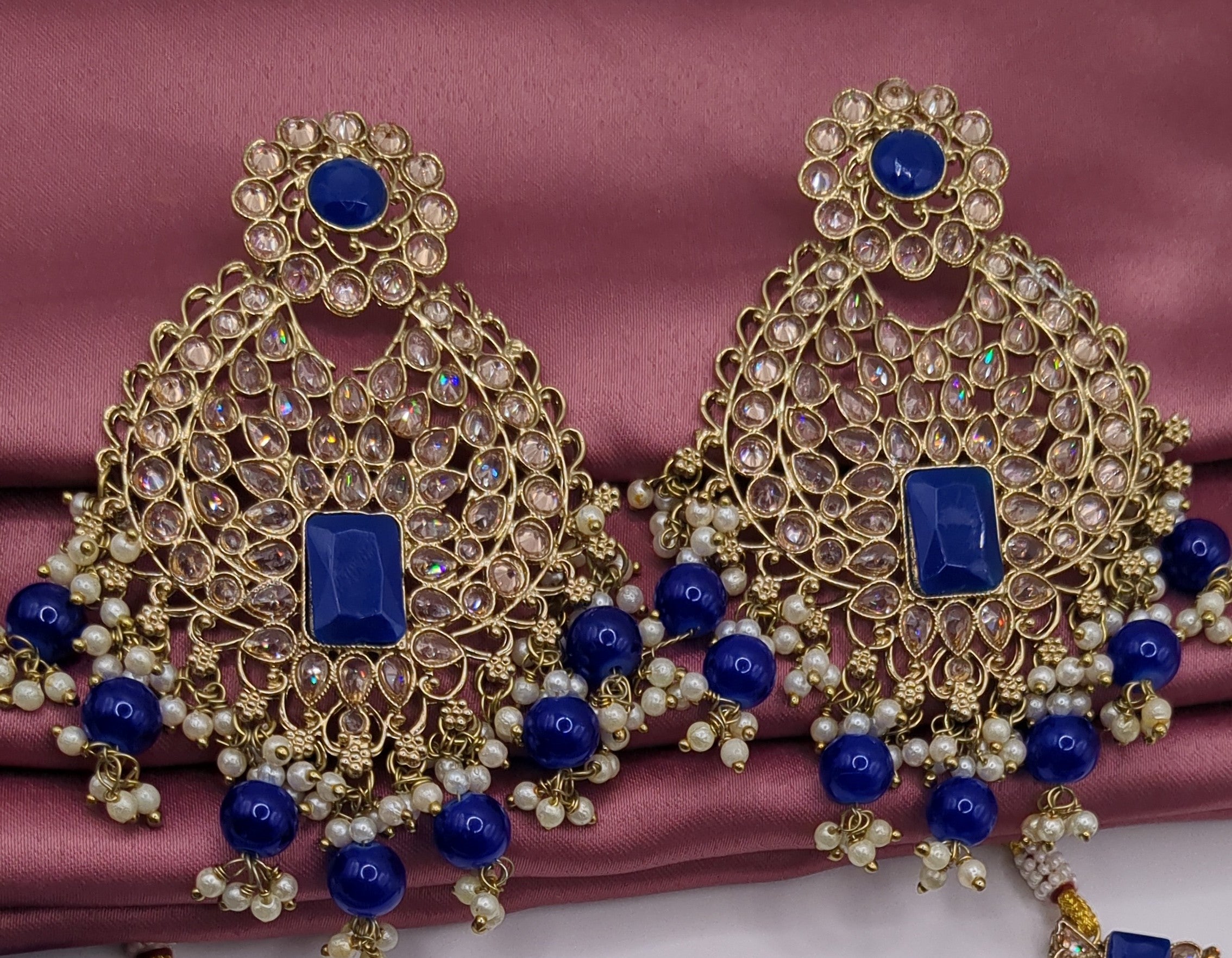 Polki Braut Halskette mit Ohrringe & Tikka - gold | blau