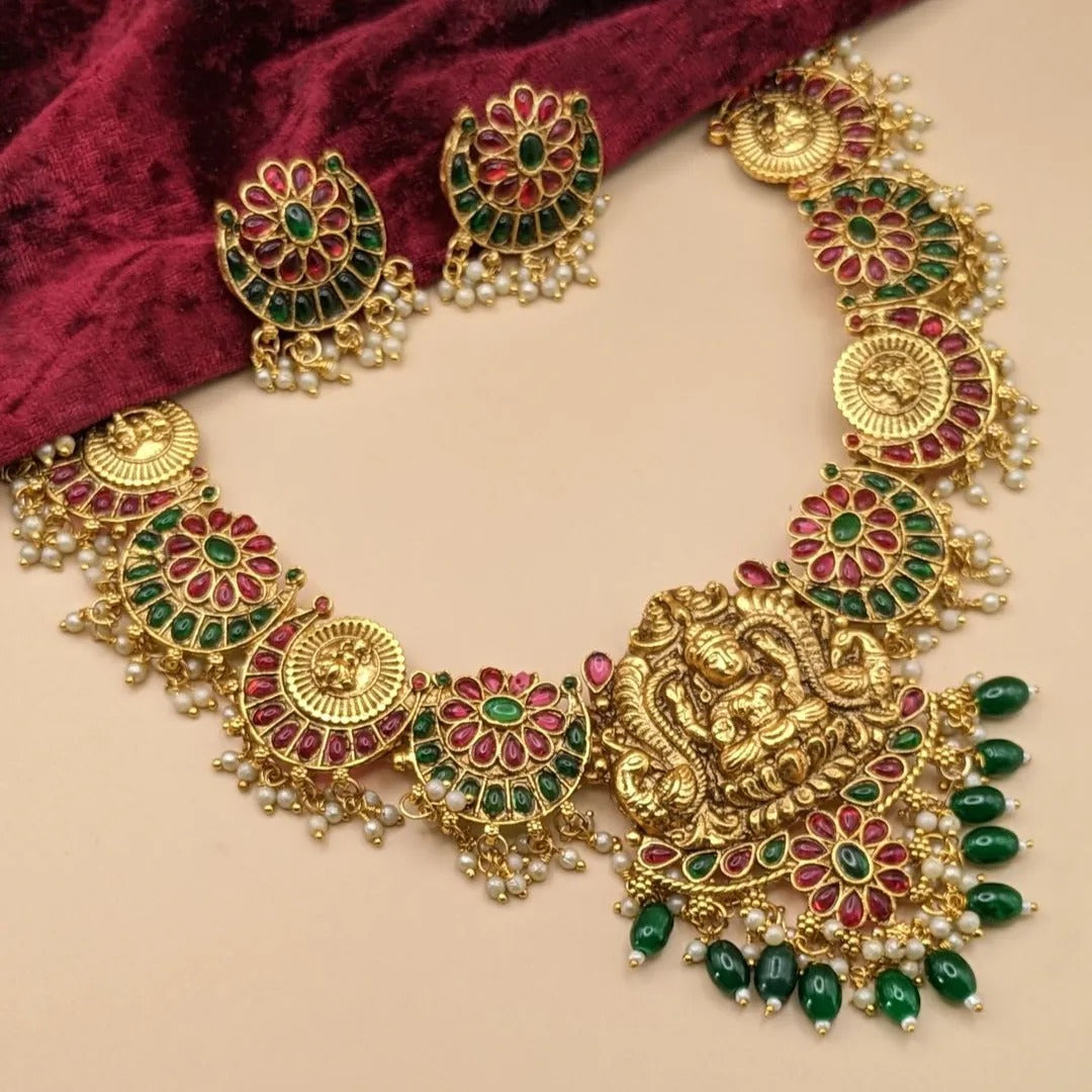 Tempel Halskette mit Ohrringe - gold | grün | rot