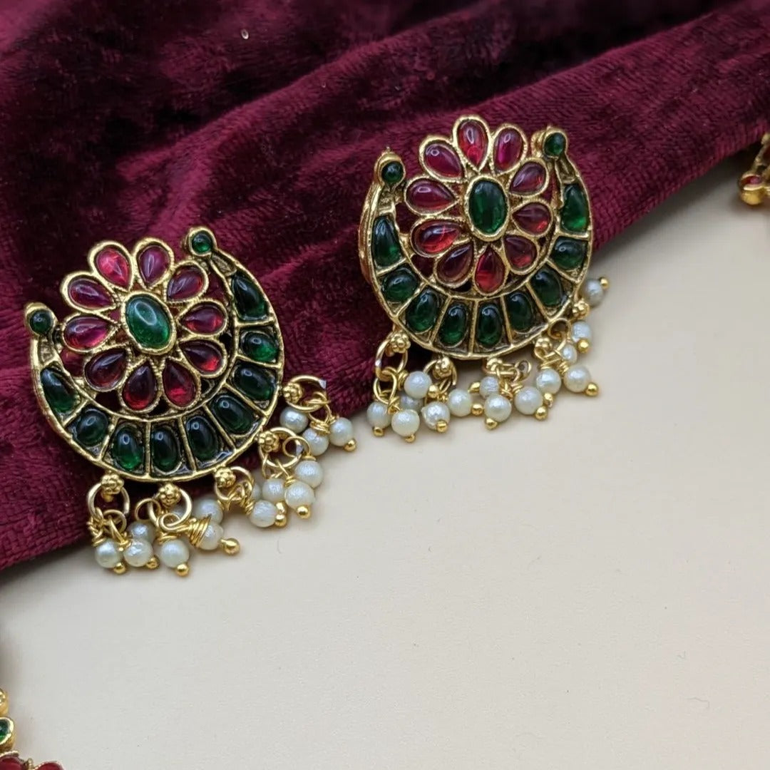 Tempel Halskette mit Ohrringe - gold | grün | rot