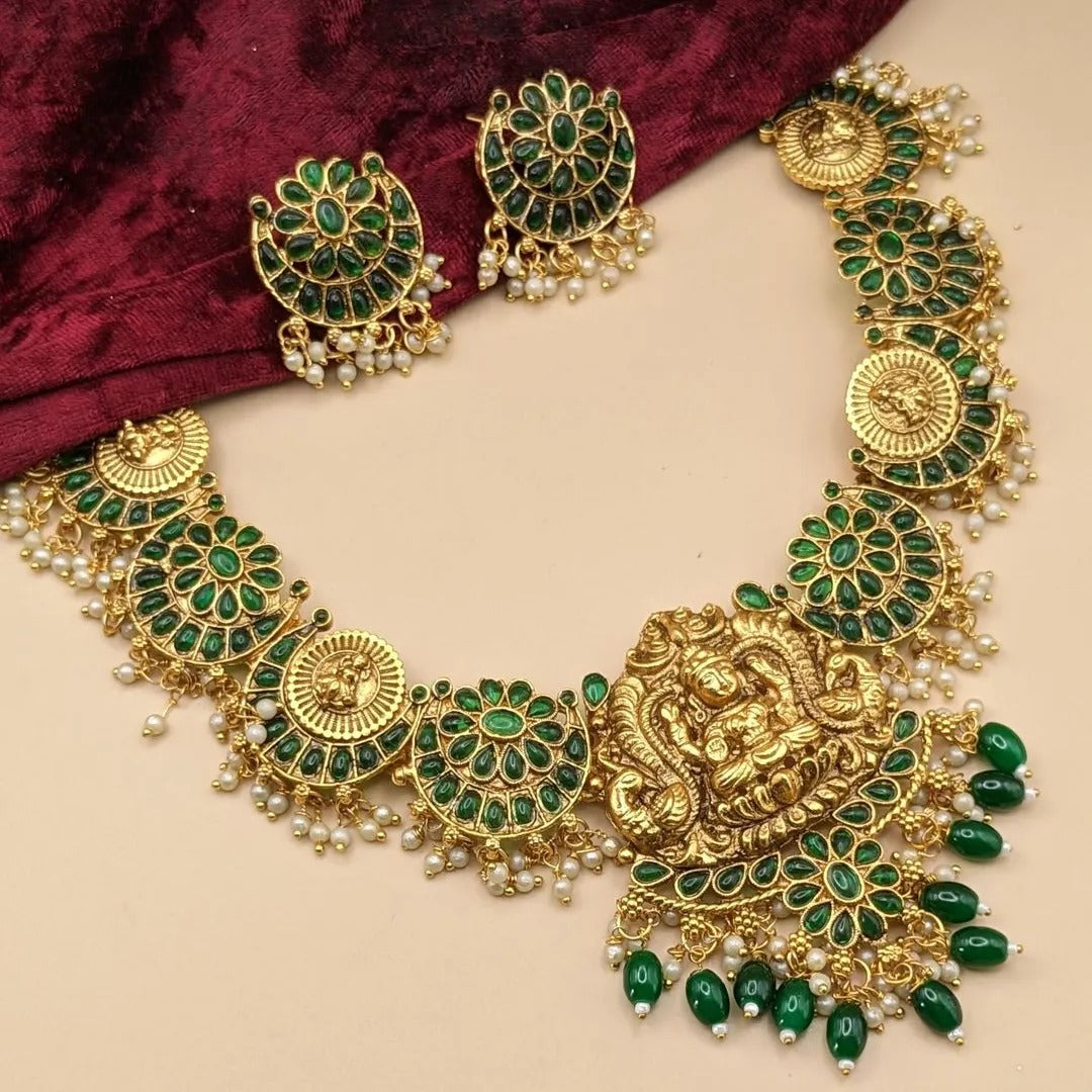 Tempel Halskette mit Ohrringe - gold | grün