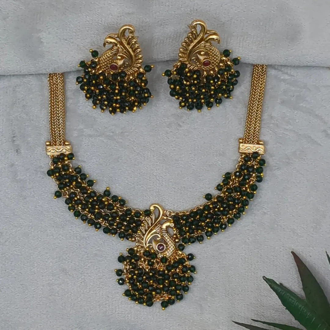 Tempel Pearl Halskette mit Ohrringe - gold | grün