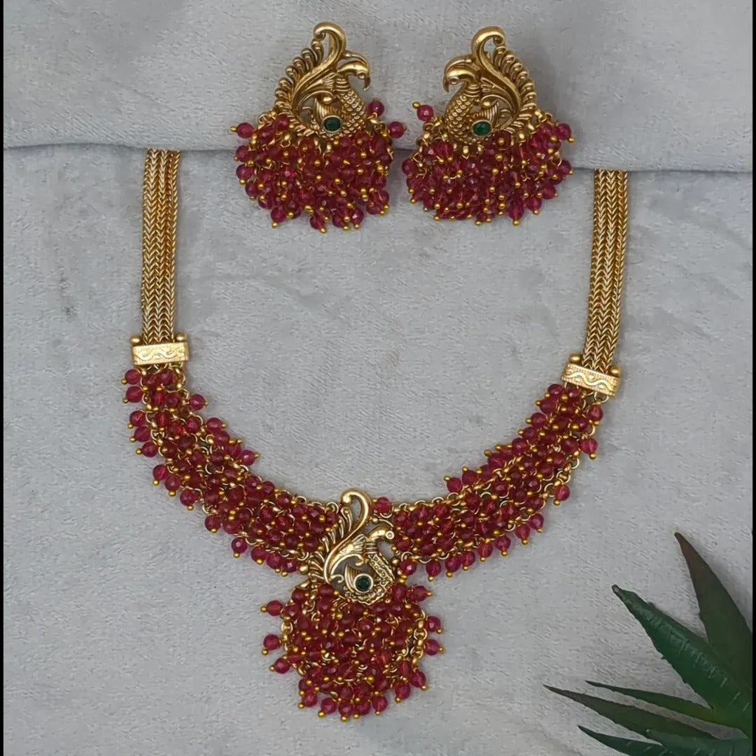 Tempel Pearl Halskette mit Ohrringe - gold | rot