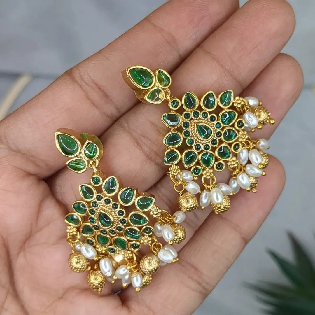 Tempel Halskette mit Ohrringe - gold | grün (Kemp Steine)