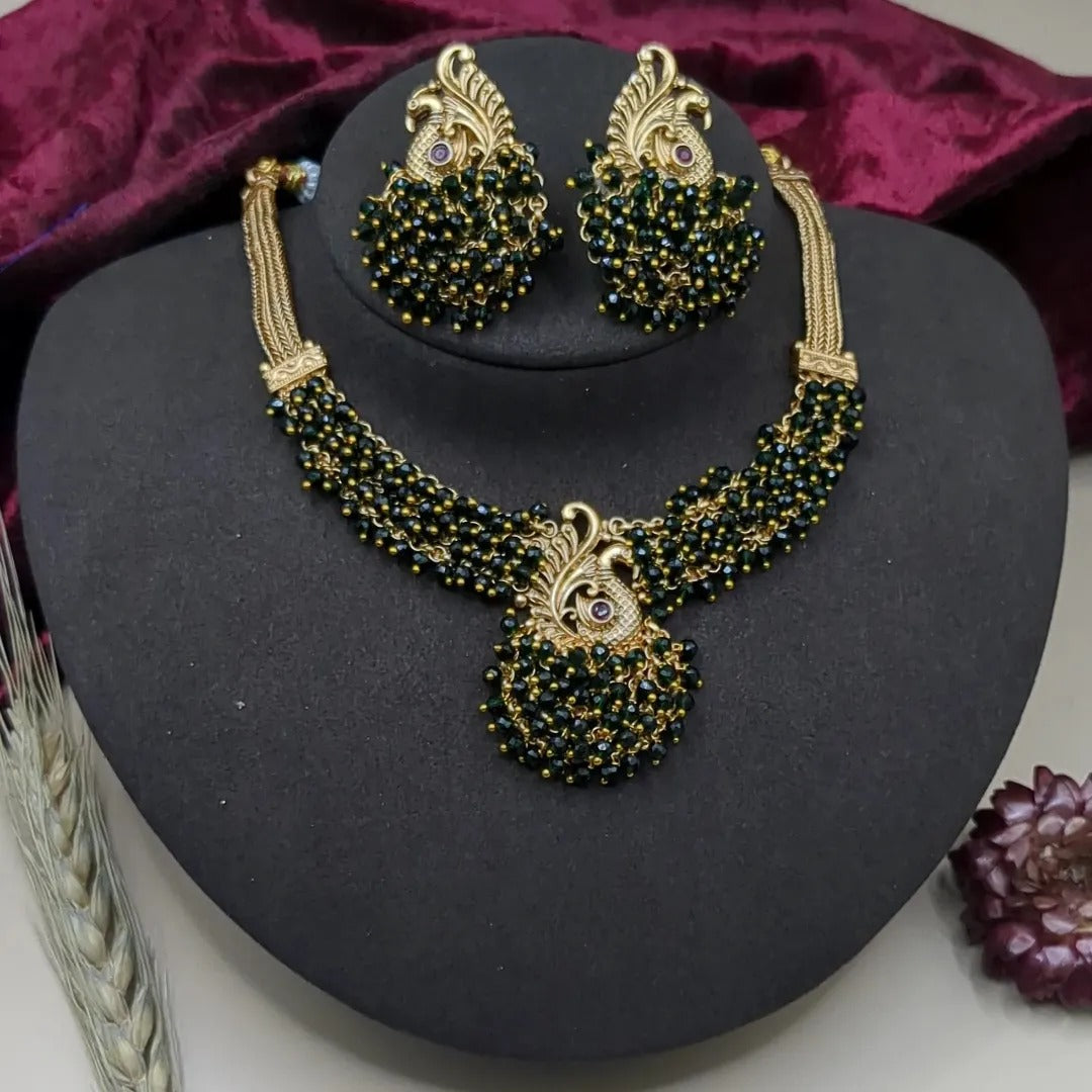 Tempel Pearl Halskette mit Ohrringe - gold | grün