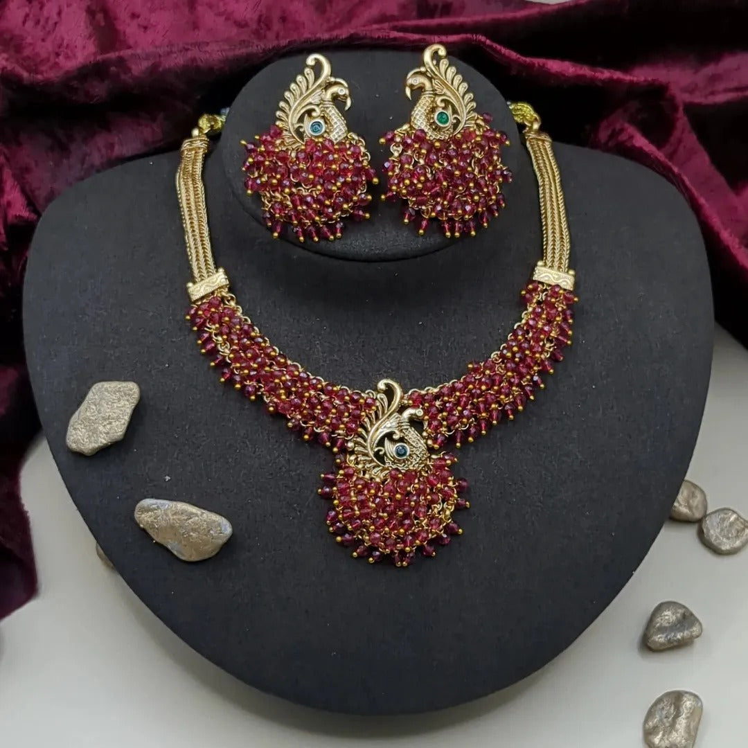 Tempel Pearl Halskette mit Ohrringe - gold | rot