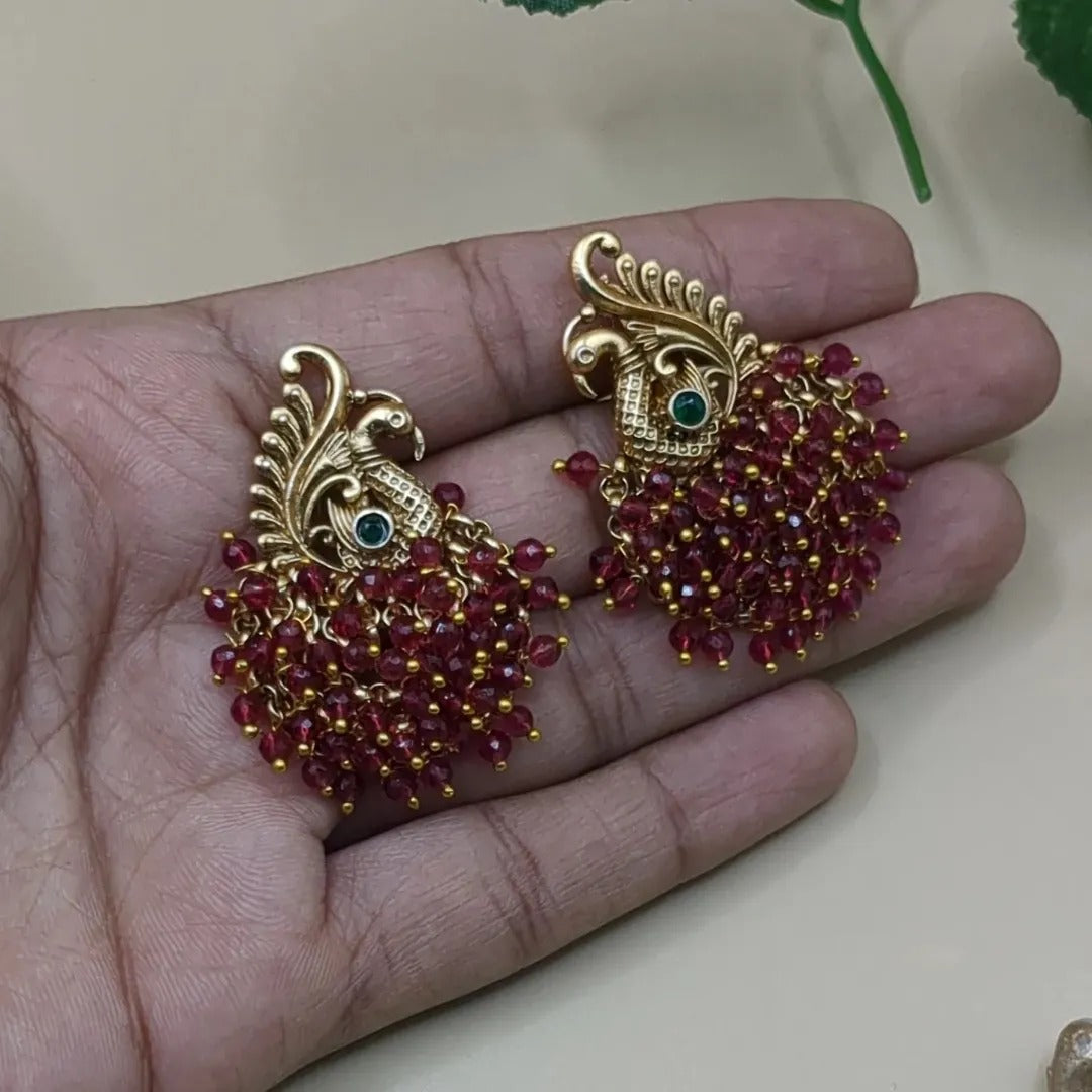 Tempel Pearl Halskette mit Ohrringe - gold | rot