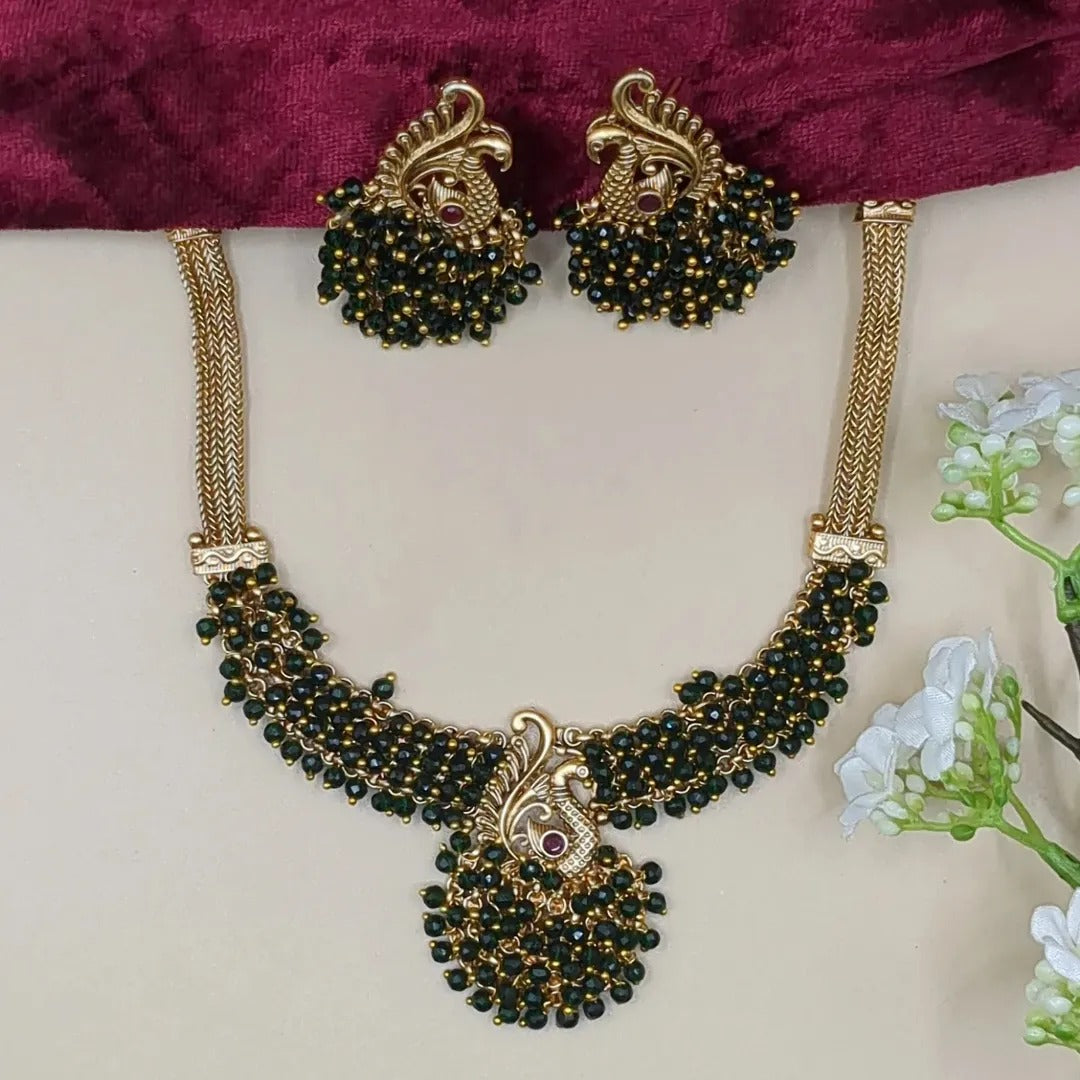 Tempel Pearl Halskette mit Ohrringe - gold | grün