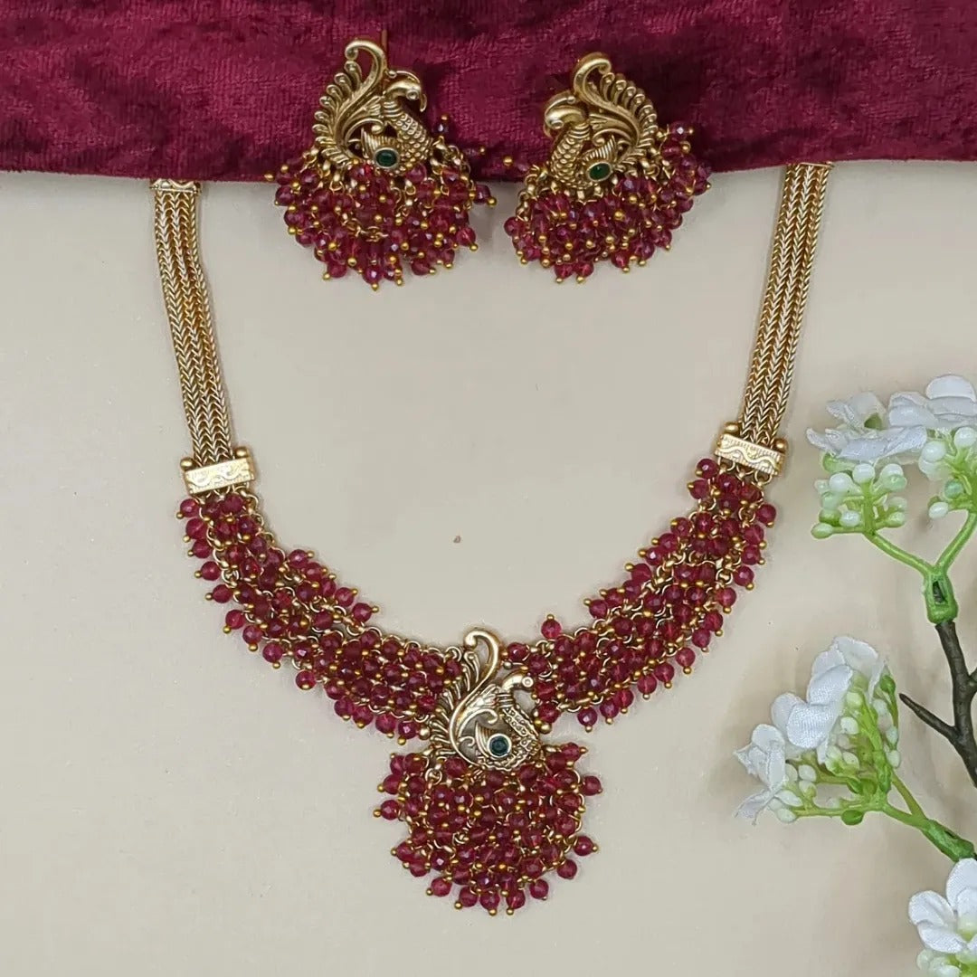 Tempel Pearl Halskette mit Ohrringe - gold | rot