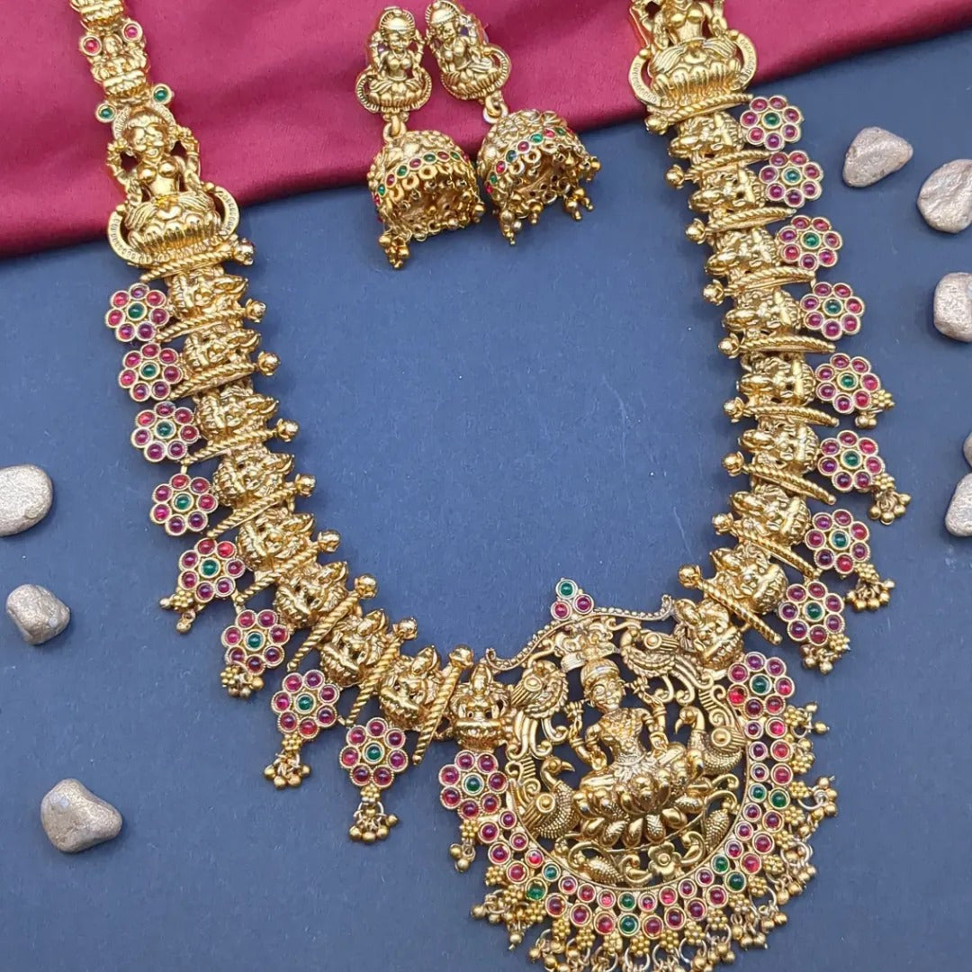 Tempel Halskette lang mit Ohrringe Set - gold