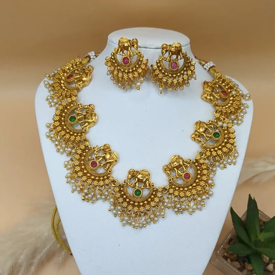 Tempel Halskette mit Ohrringe - gold | grün rot