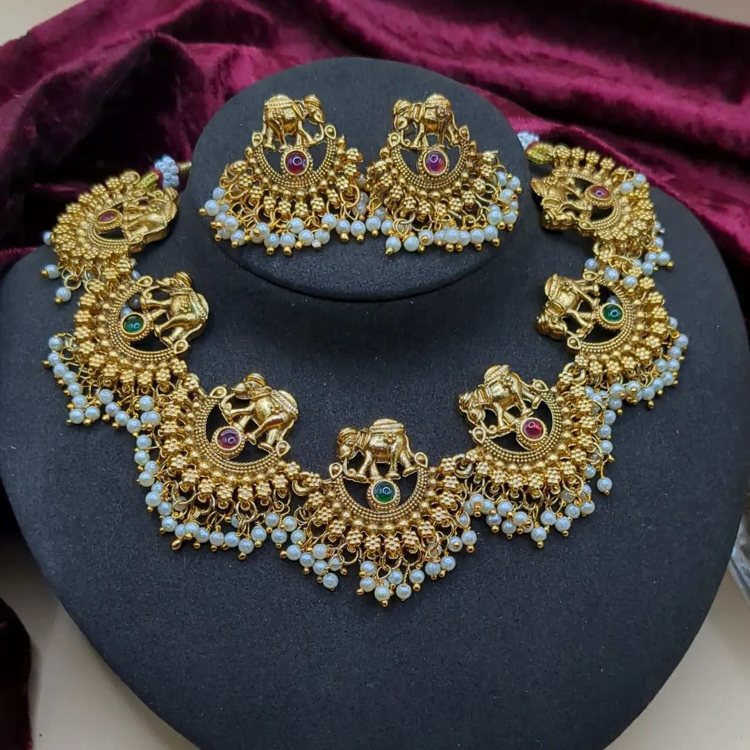 Tempel Halskette mit Ohrringe - gold | grün rot