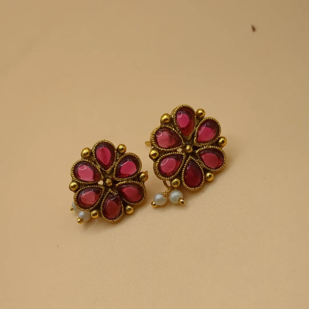 Tempel Halskette mit Ohrringe - gold | rot (Kemp Steine)