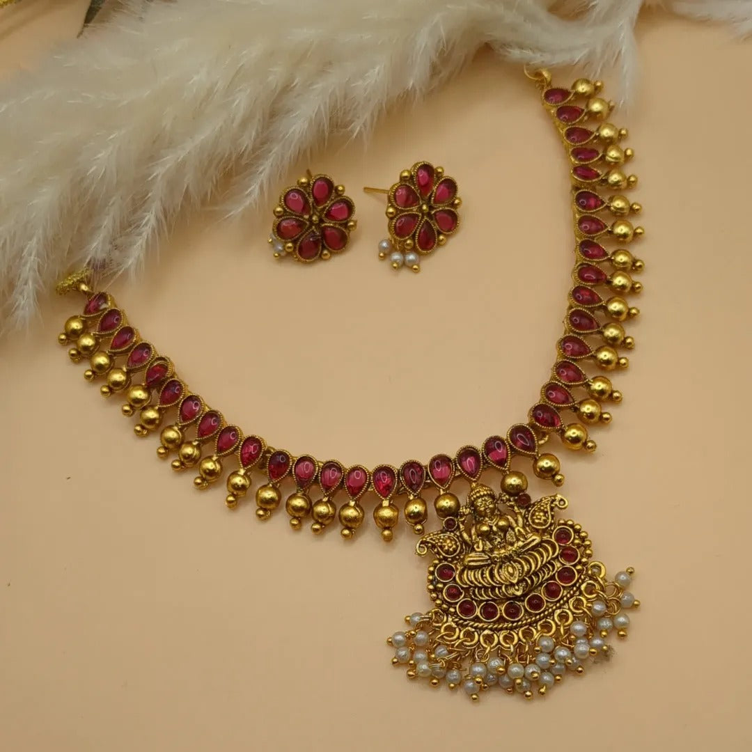 Tempel Halskette mit Ohrringe - gold | rot (Kemp Steine)