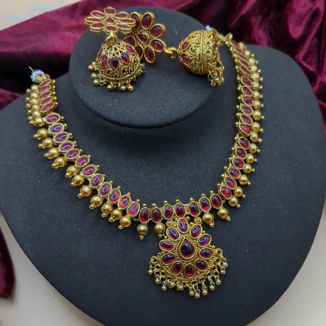 Tempel Halskette mit Ohrringe - gold | rot (Kemp Steine)