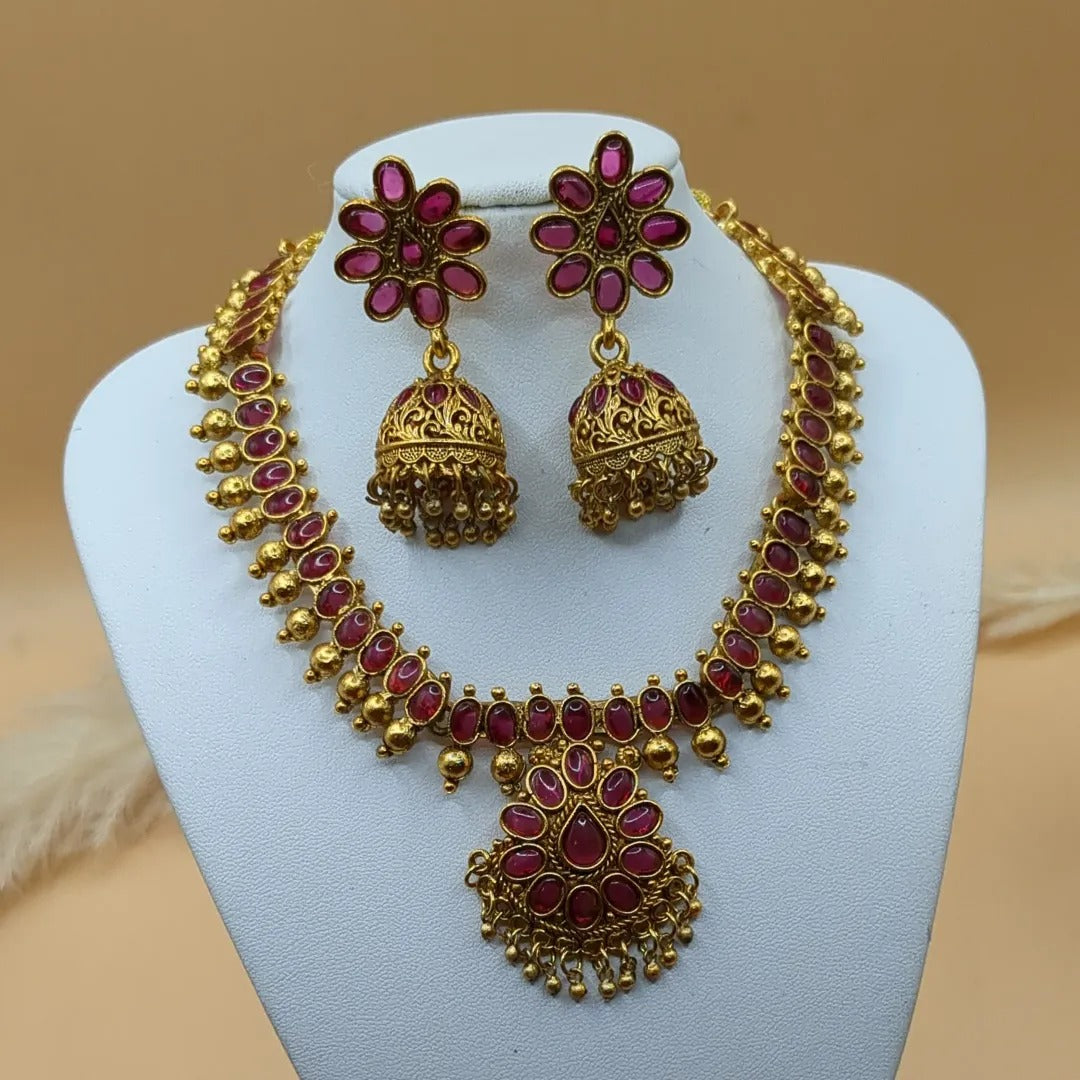 Tempel Halskette mit Ohrringe - gold | rot (Kemp Steine)