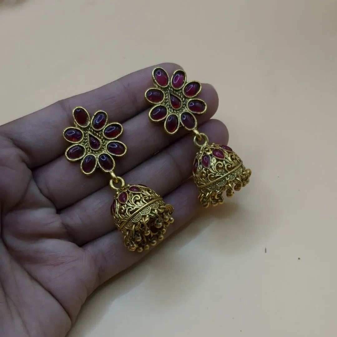 Tempel Halskette mit Ohrringe - gold | rot (Kemp Steine)