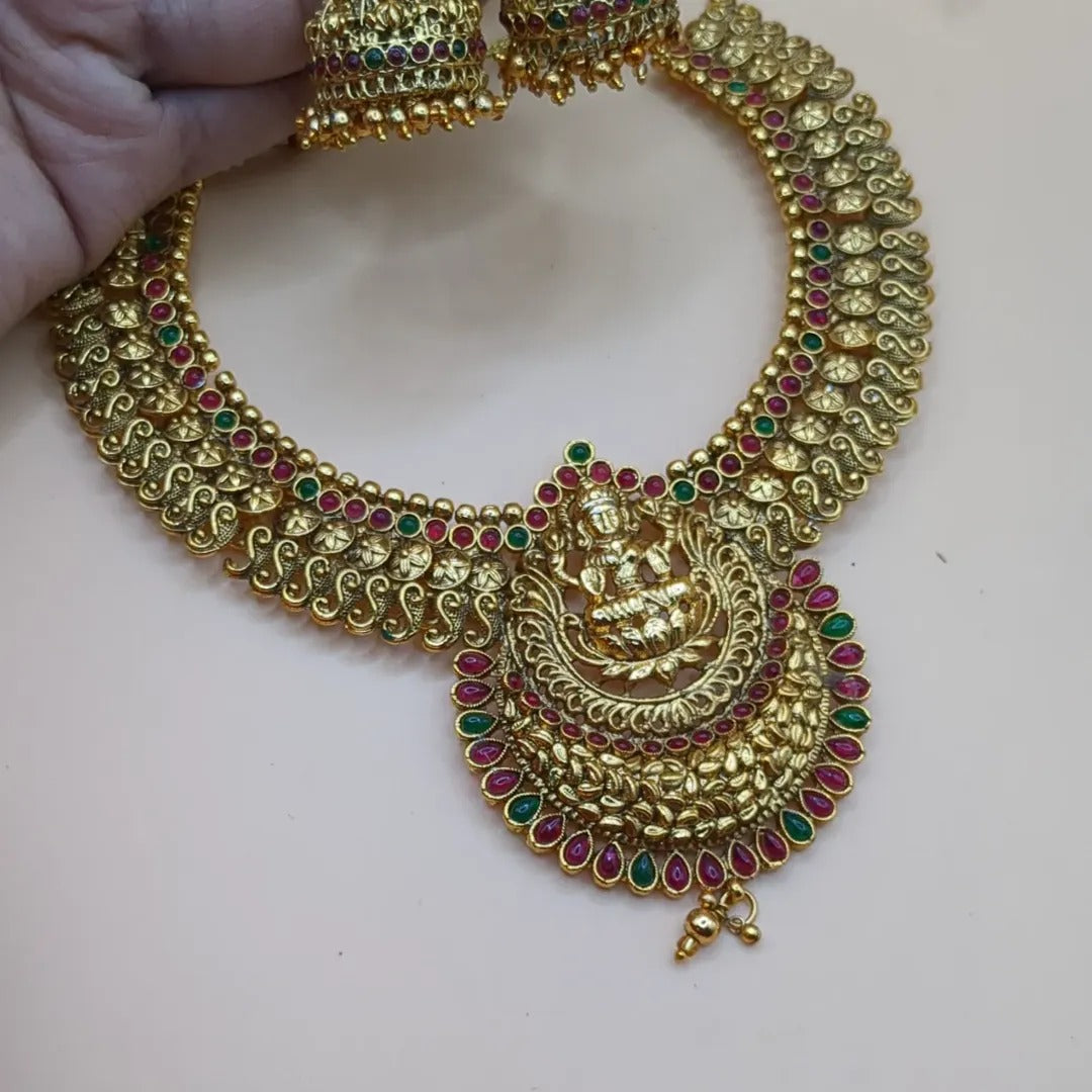 Tempel Halskette mit Ohrringe - gold | grün rot