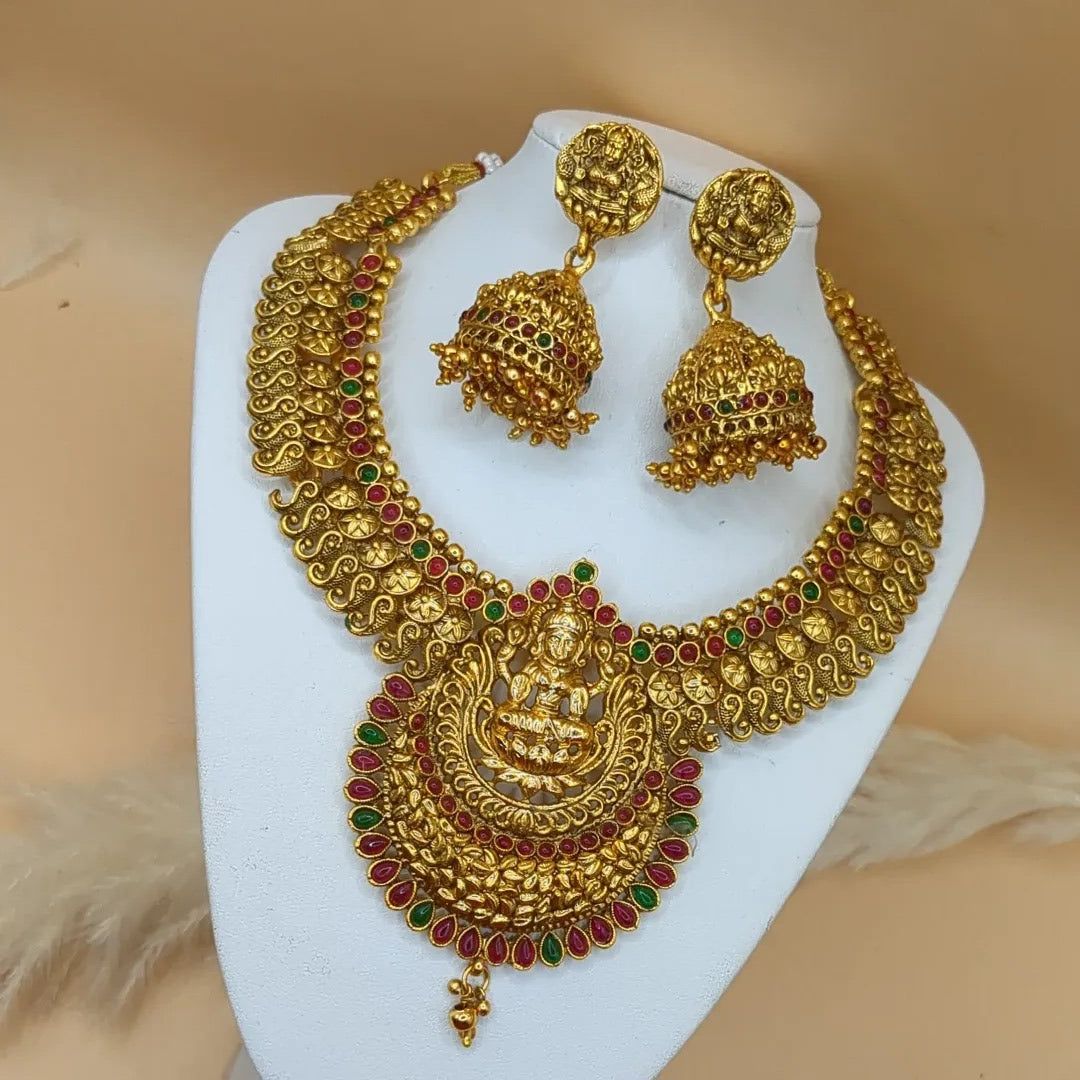 Temple Necklace with Earrings - gold | green red