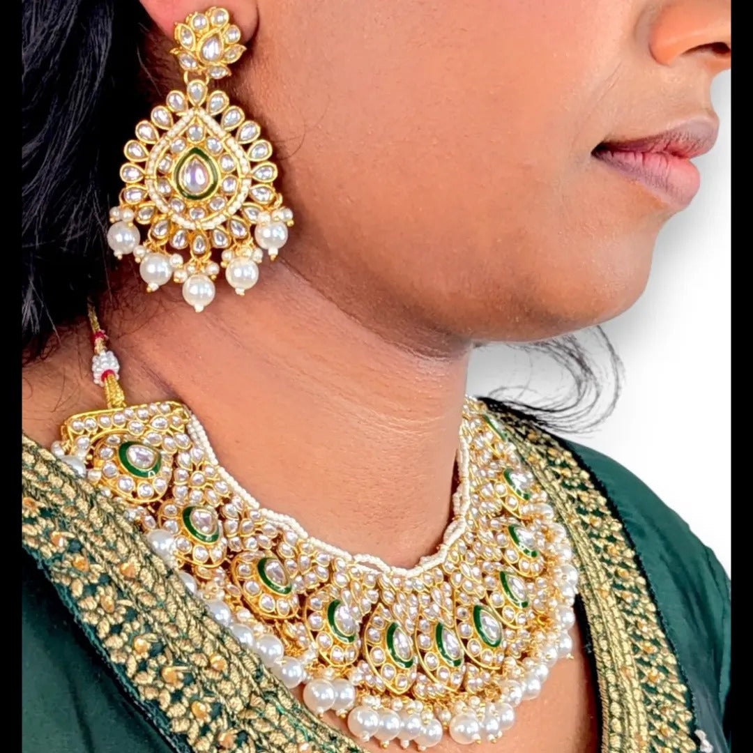 Kundan Necklace with Earrings & Tikka - gold | Red