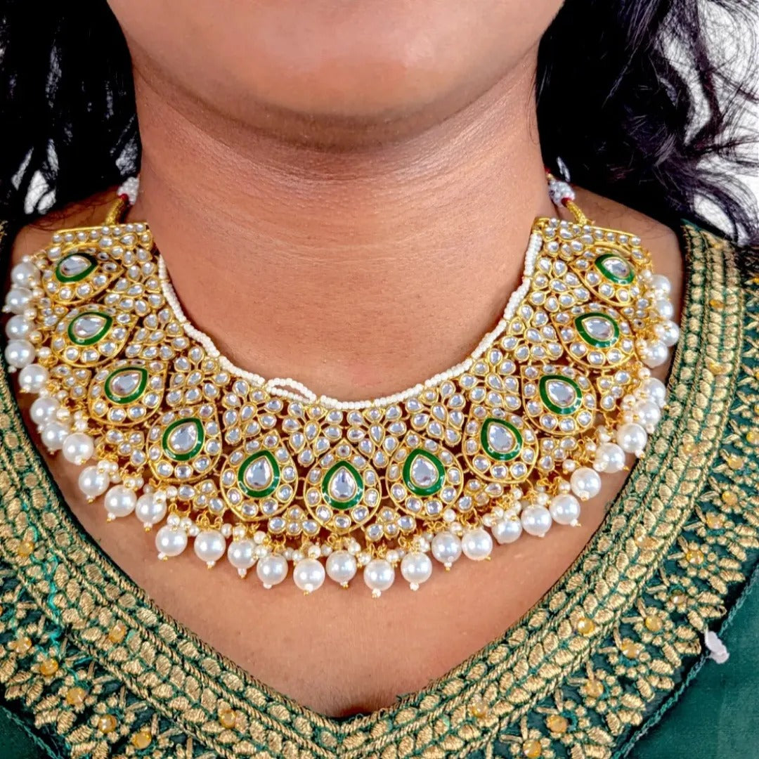 Kundan Necklace with Earrings & Tikka - gold | Red