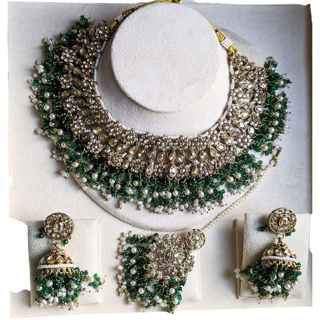 Polki Halskette mit Ohrringe & Tikka - gold | grün | Braut