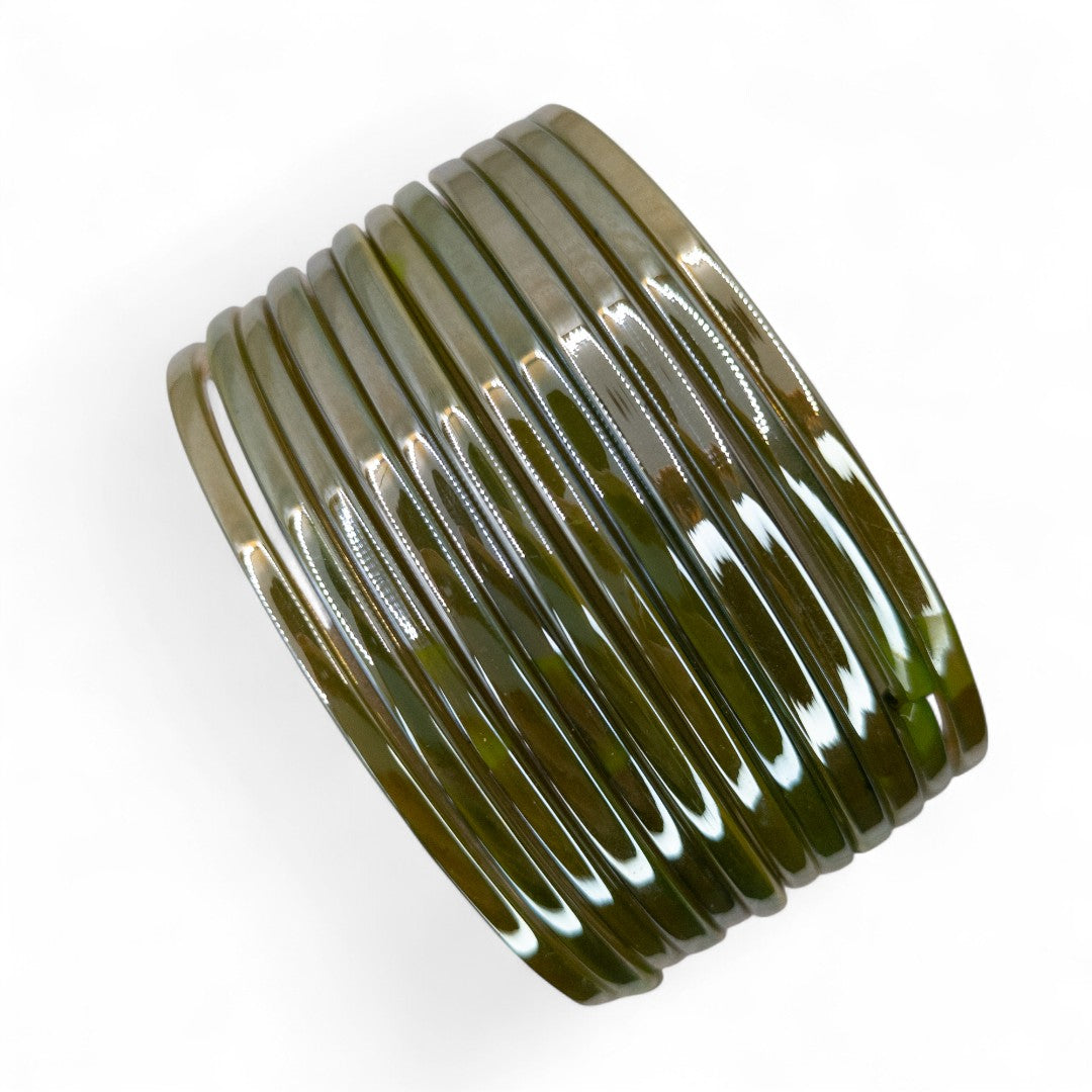 Plain Glas Armreifen in Metallic-Farbe – 12er Set - Oliv