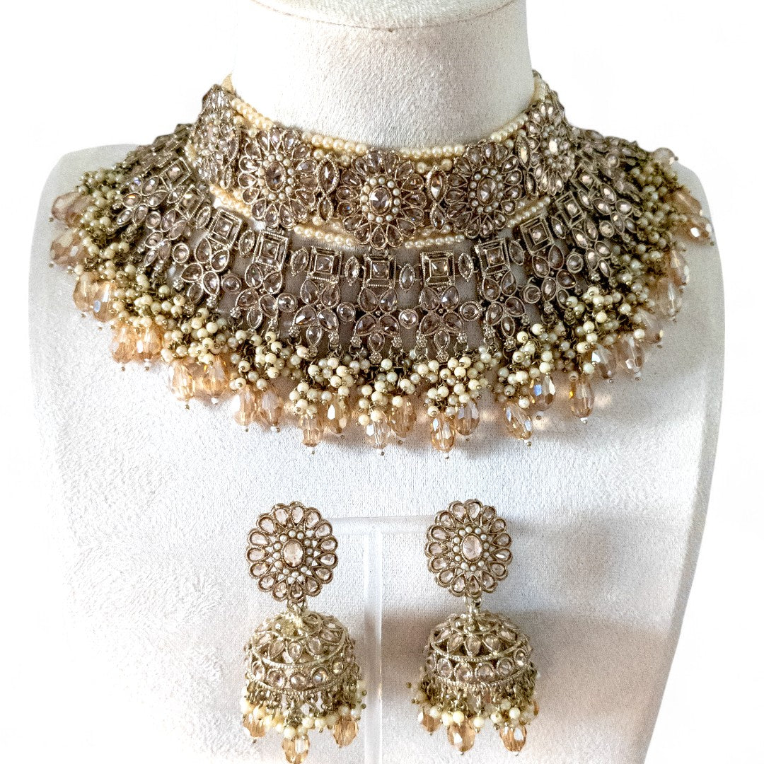 Polki Choker Halskette mit Ohrringe & Tikka - gold | Braut