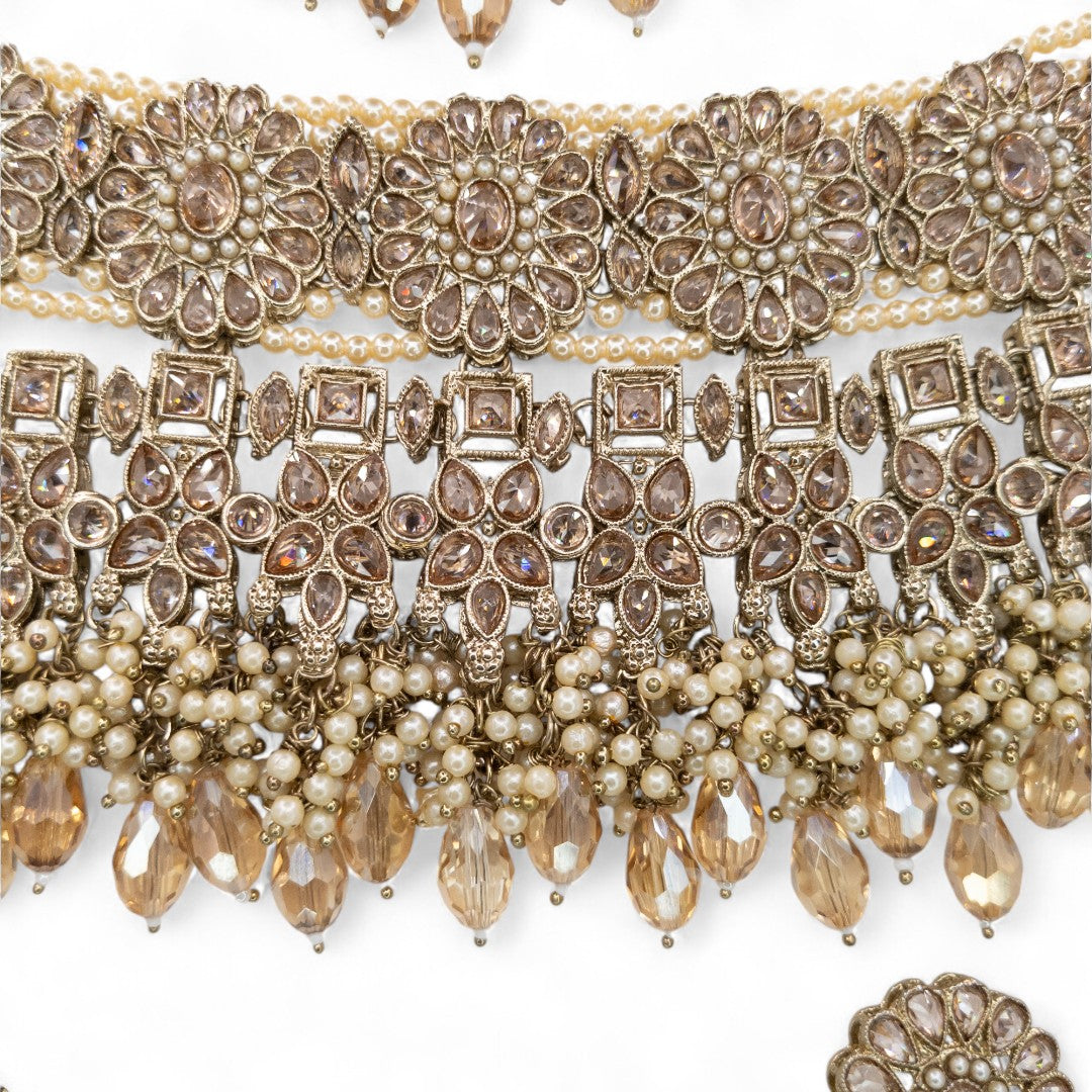 Polki Choker Halskette mit Ohrringe & Tikka - gold | Braut