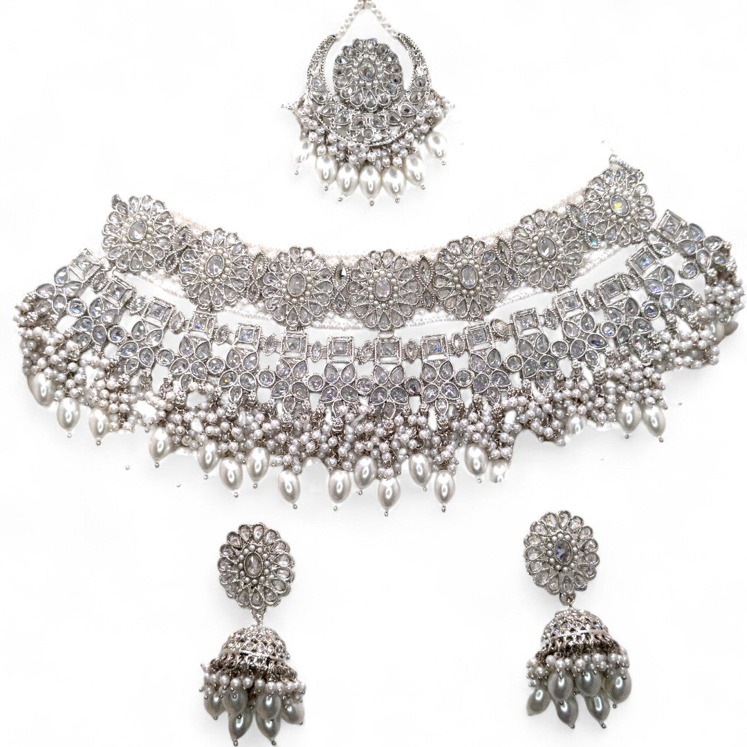 Polki Choker Halskette mit Ohrringe & Tikka - Silber | Braut