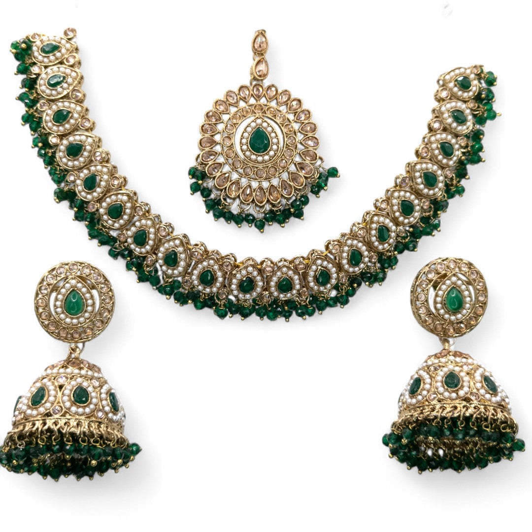 Polki Halskette mit Ohrringe & Tikka - gold | grün
