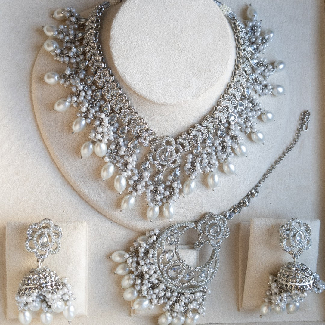 Polki Halskette mit Ohrringe & Tikka - silber