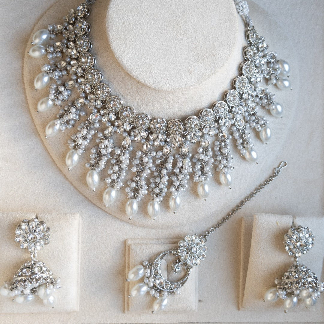 Polki Halskette mit Ohrringe & Tikka - silber