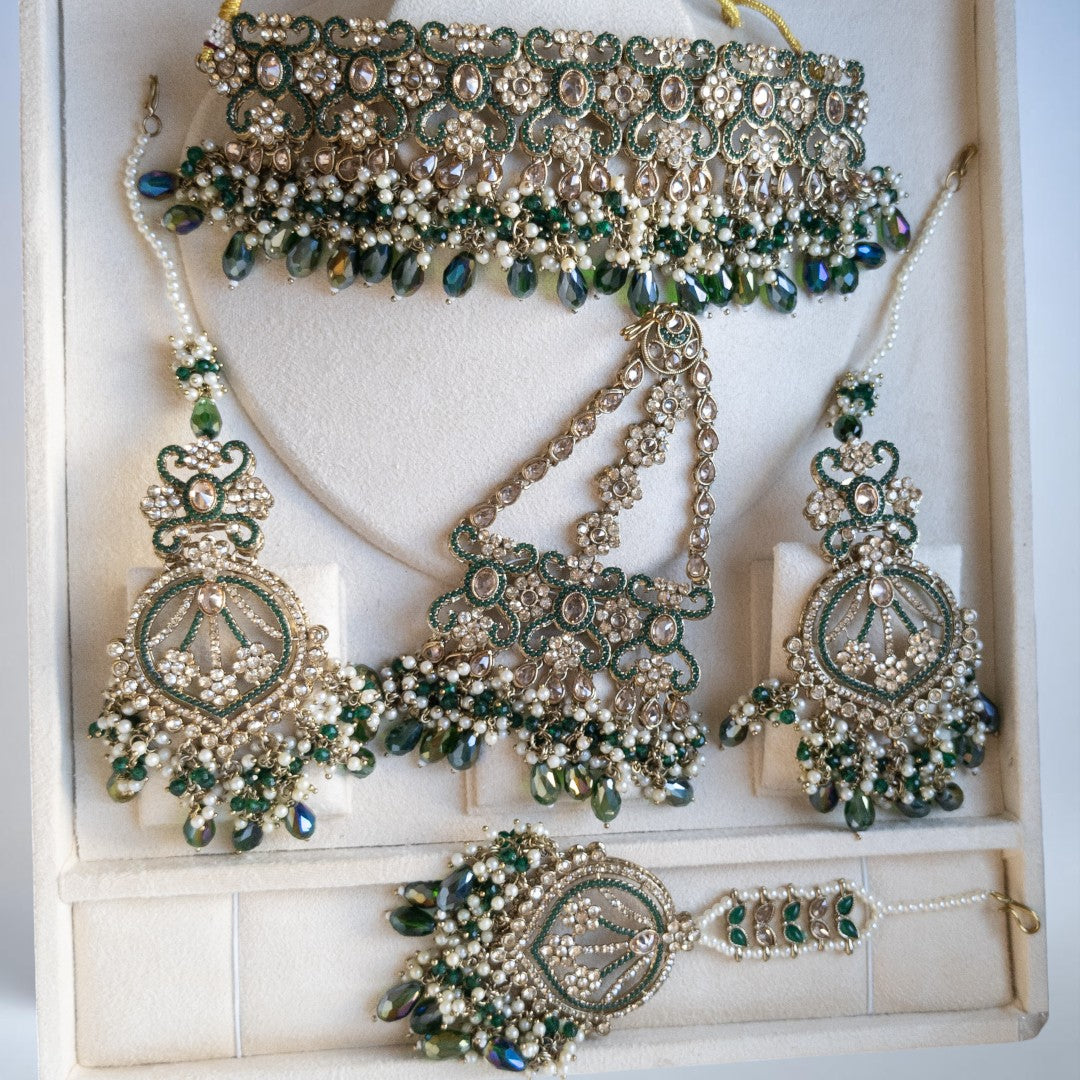 Polki Choker Halskette mit Ohrringe, Passa & Tikka - gold |grün