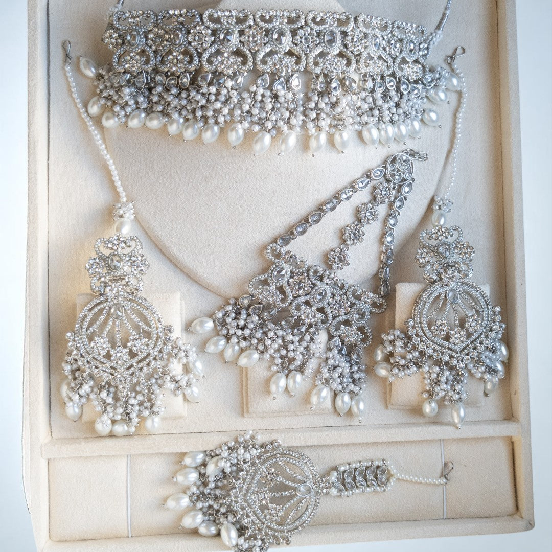 Polki Choker Halskette mit Ohrringe, Passa & Tikka - silber (Braut Schmuck)