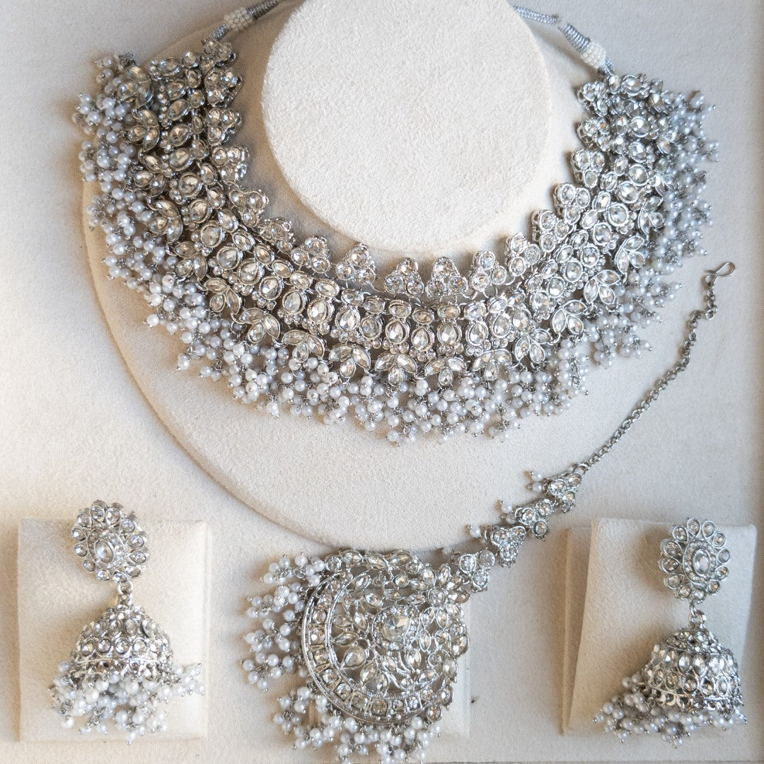 Polki Halskette mit Ohrringe & Tikka - Silber | Braut