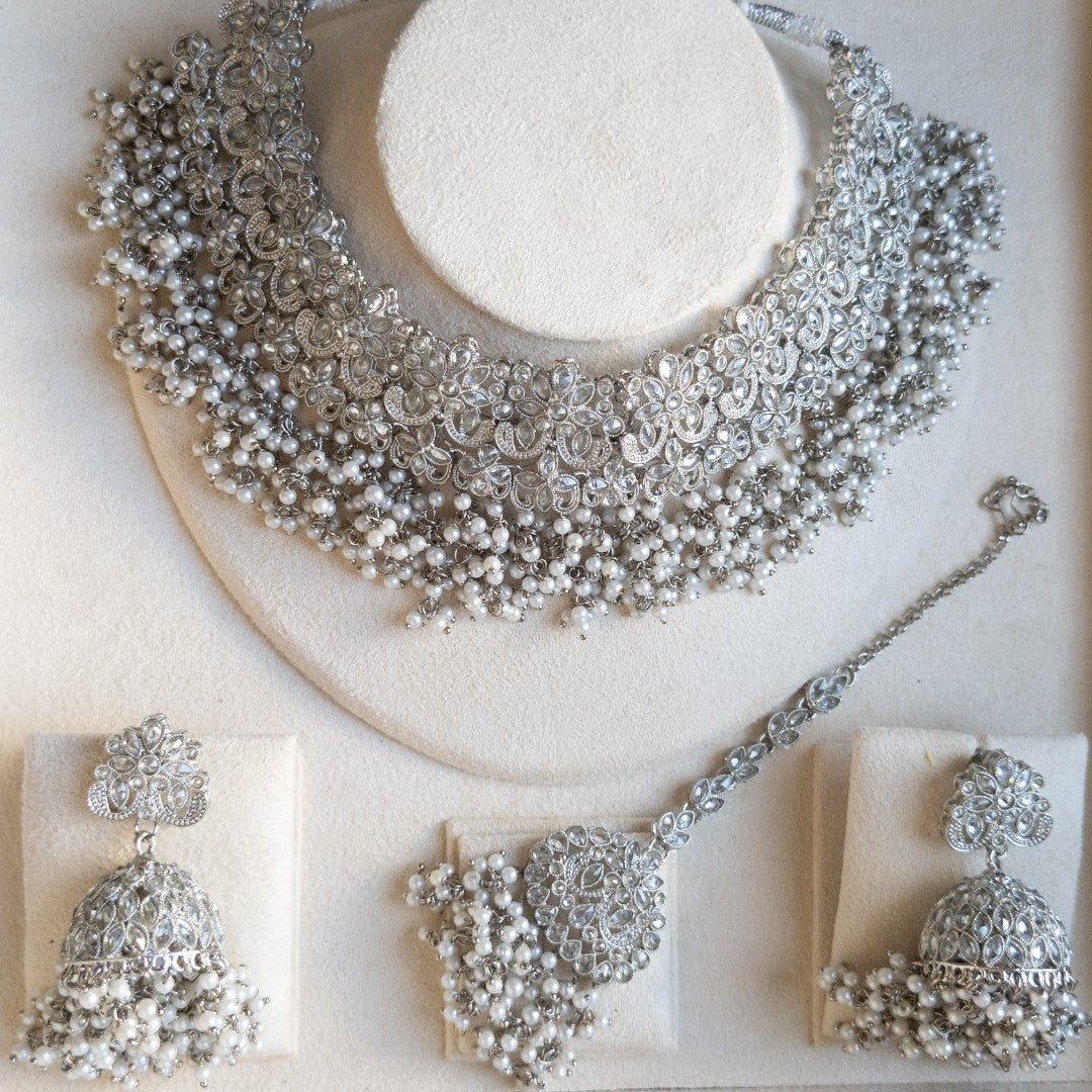 Polki Halskette mit Ohrringe & Tikka - Silber | grün | Braut