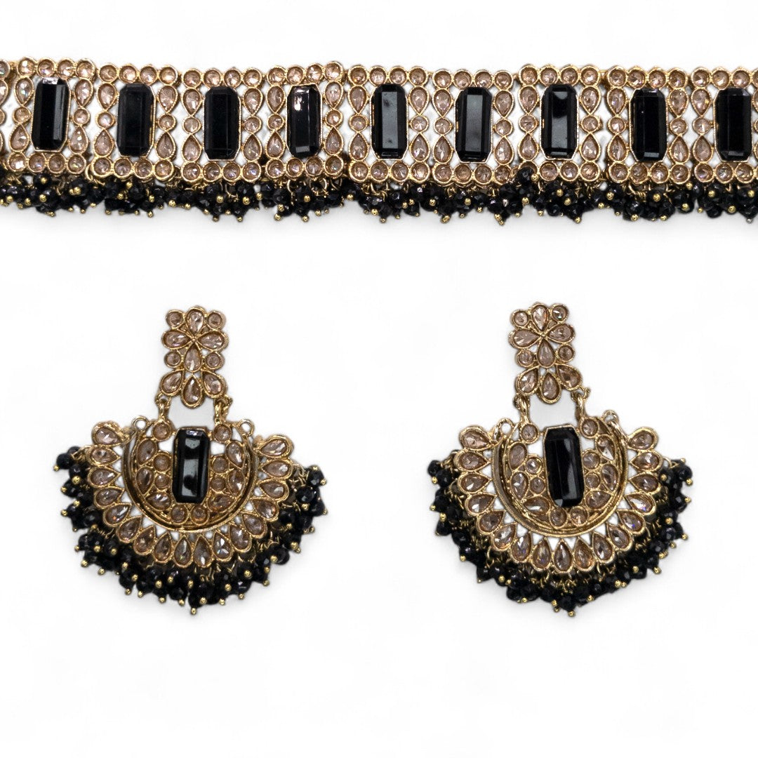 Polki Choker Halskette mit Ohrringe & Tikka - gold | schwarz
