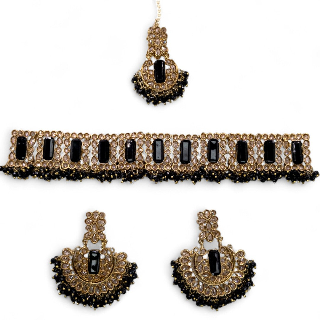 Polki Choker Halskette mit Ohrringe & Tikka - gold | schwarz