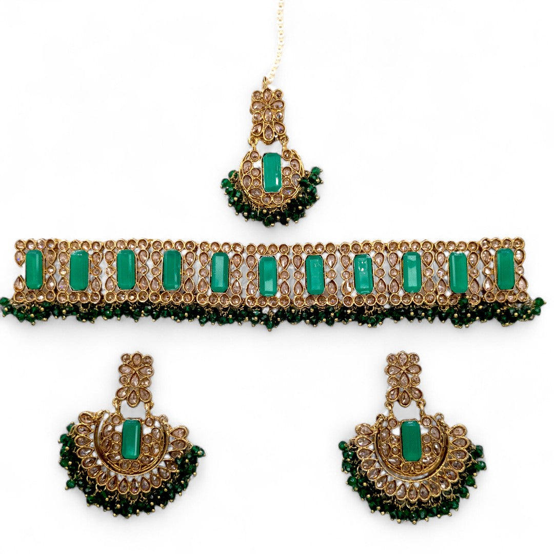 Polki Choker Halskette mit Ohrringe & Tikka - gold | grün