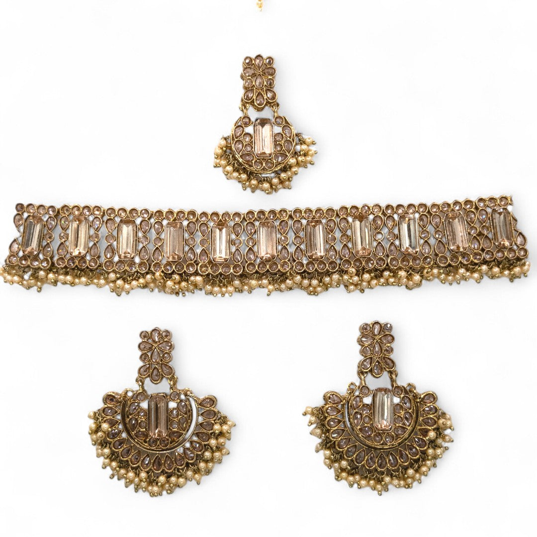 Polki Choker Halskette mit Ohrringe & Tikka - gold