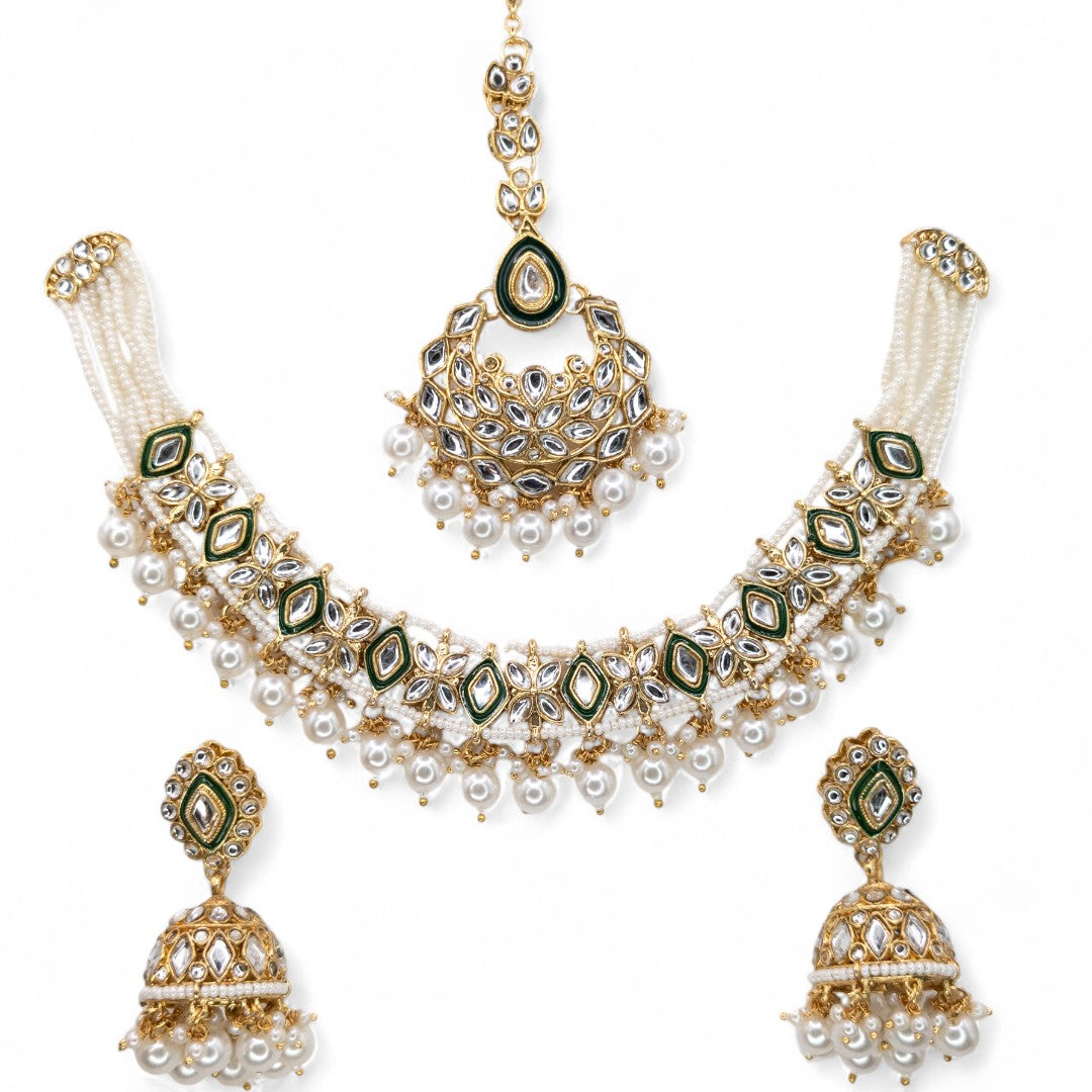 Kundan Choker Halskette mit Ohrringe & Tikka - gold | weiß