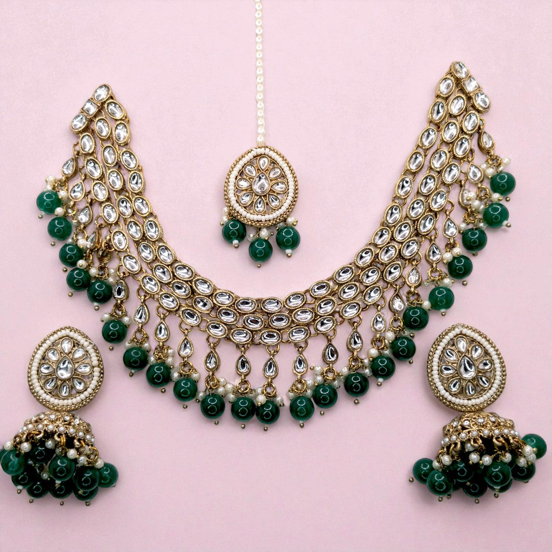 Kundan Choker Halskette mit Ohrringe & Tikka - gold | grün