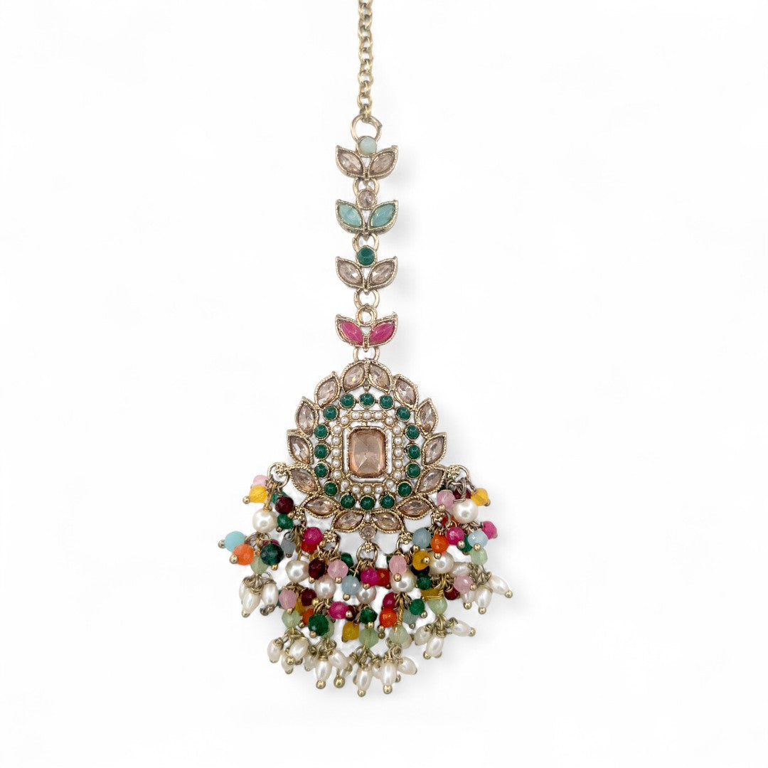 Polki Halskette mit Ohrringe & Tikka - Multi color